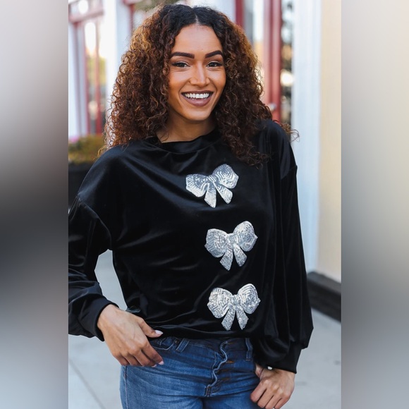 Home For The Holiday Silver Sequin Bow Velvet Pullover Top - Picture 2 of 16
